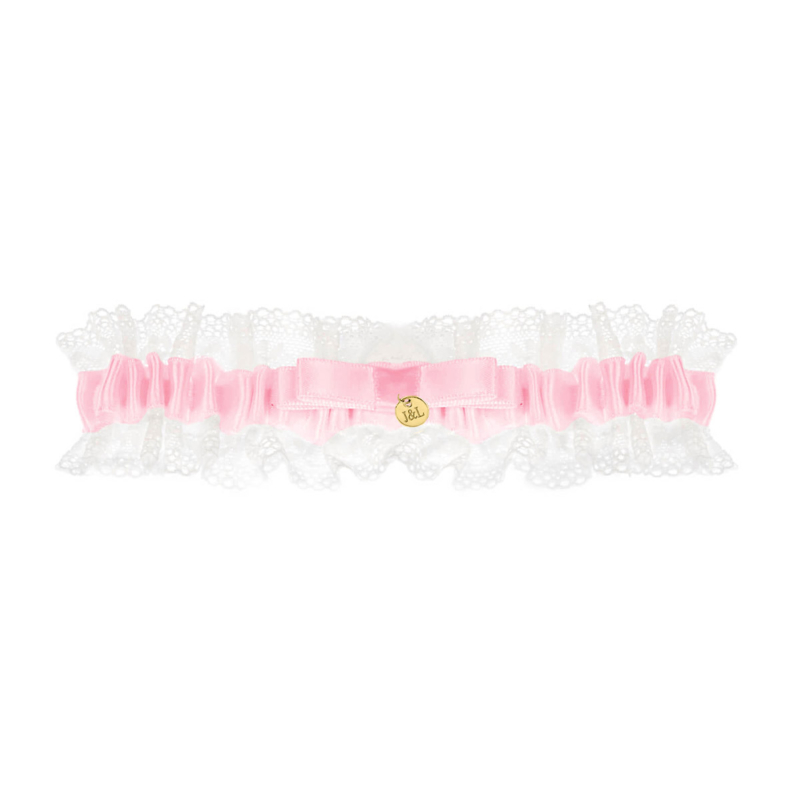 Roze kousenband bruid personaliseren goudkleurig