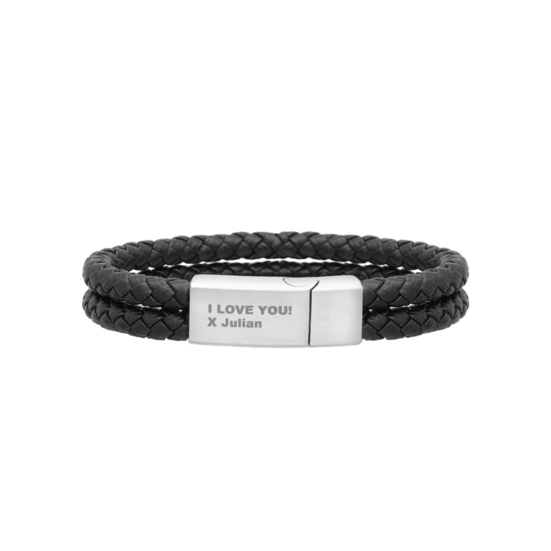 Dubbele leren heren armband graveren zilverkleurig