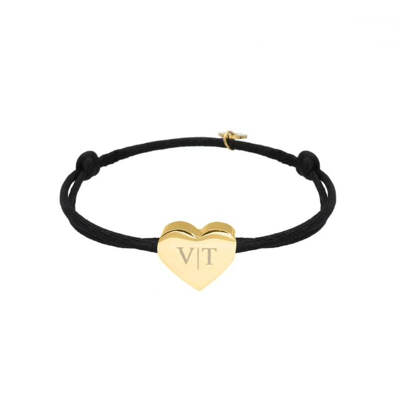 Satin heart initial armband zwart goldplated