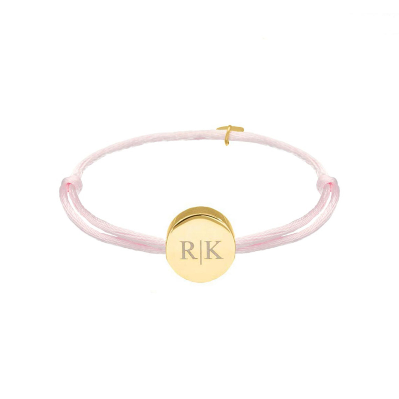 Satin round initial armband roze goldplated