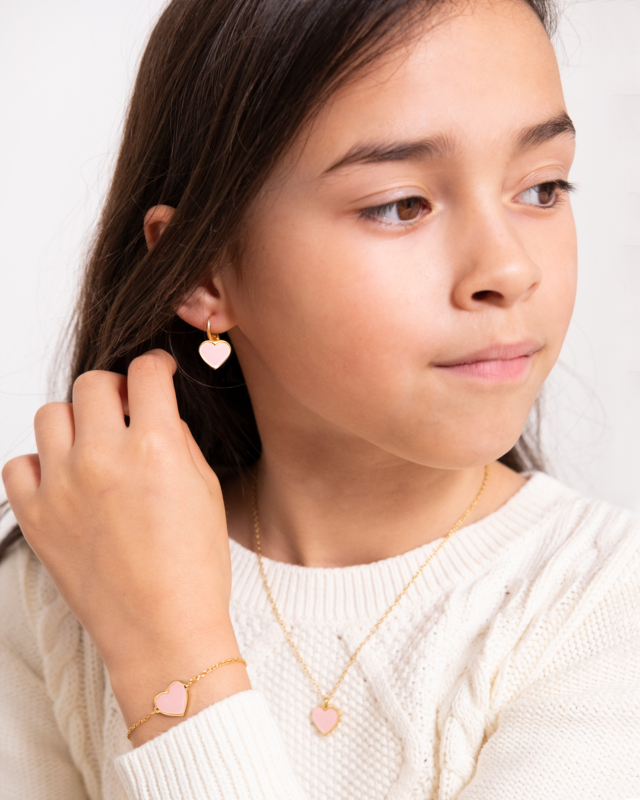 Roze hartjes ketting voor kids in het goud