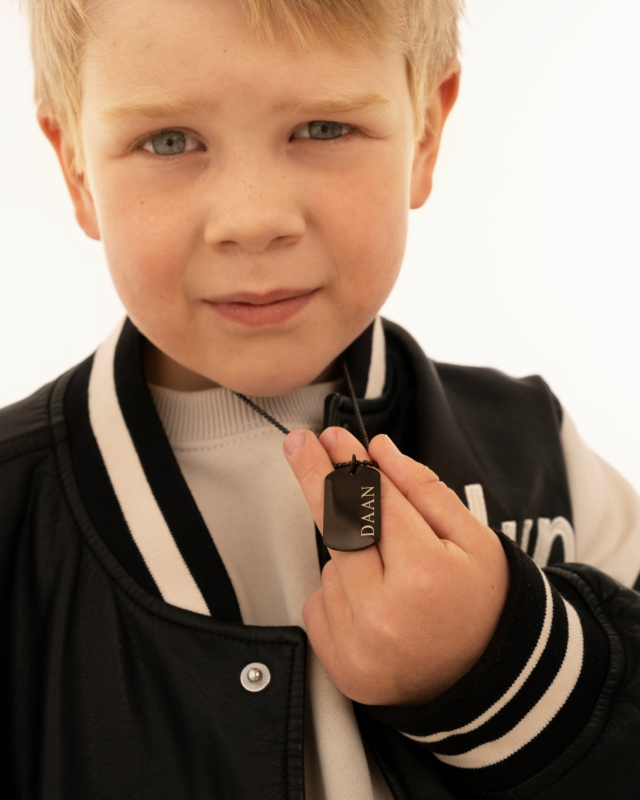 Graveerbare dog tag ketting kids zwart