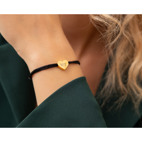 Satin heart initial armband zwart goldplated