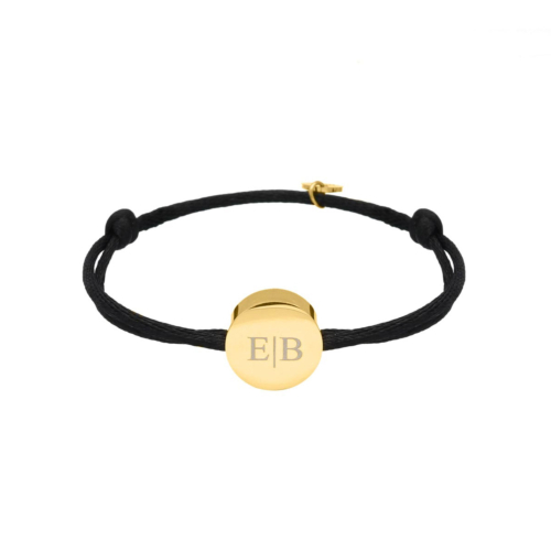 Satin round initial armband zwart goldplated