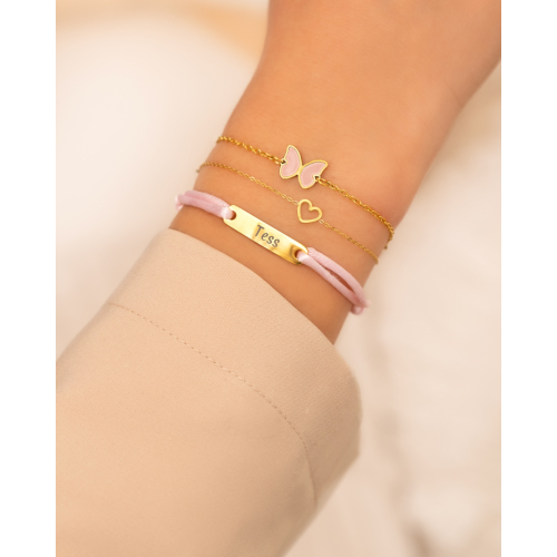 Satin initial armband kids roze goldplated