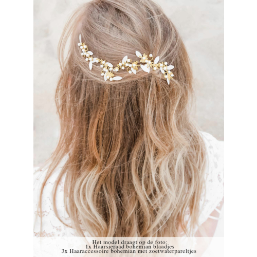 Haaraccessoire bohemian met zoetwaterpareltjes goud kleurig